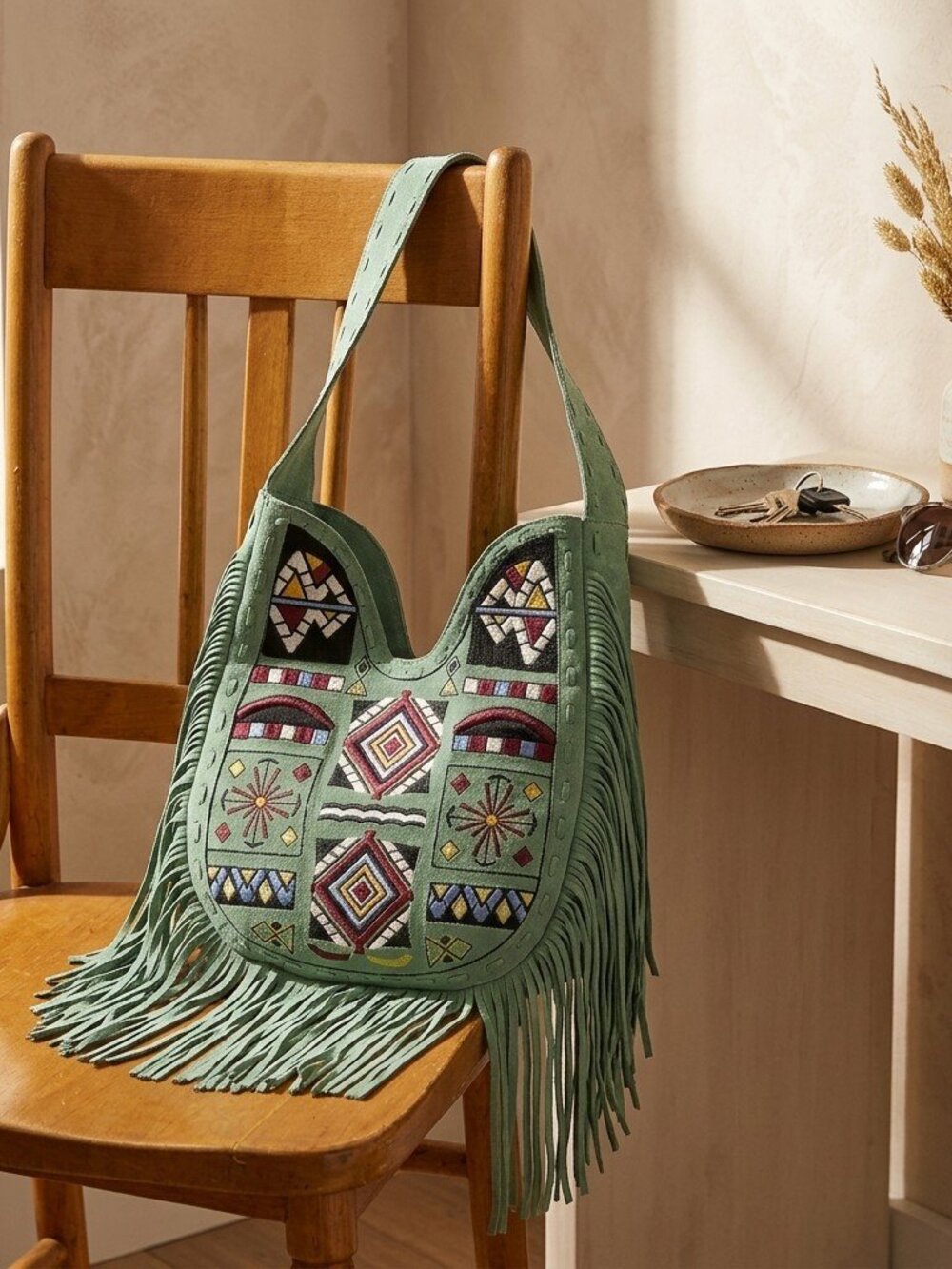 American Darling Sage Green Fringe Tribel Shoulder Bag